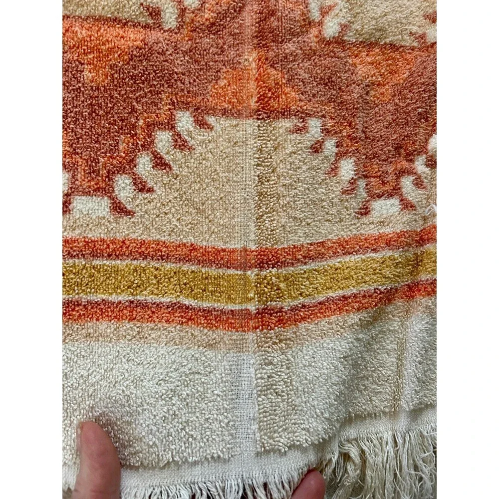 Vintage Bath Towel Cream Rust Gold Orange Southwest Aztec Print Retro Fringe